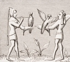 Falconers dressing their birds, reproduction of a miniature in the 14th century manuscript 